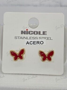 Nicole Gold Tone Red Butterfly Stud Earrings ER3001